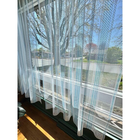 Vintage 80s mesh curtain, white, powder blue vertical stripes, open weave, for 1 - Picture 3 of 9